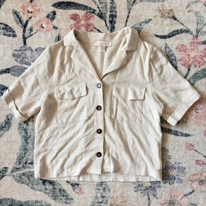 Monteau Los Angeles Women's Cream Button-Front Linen Blend Shirt